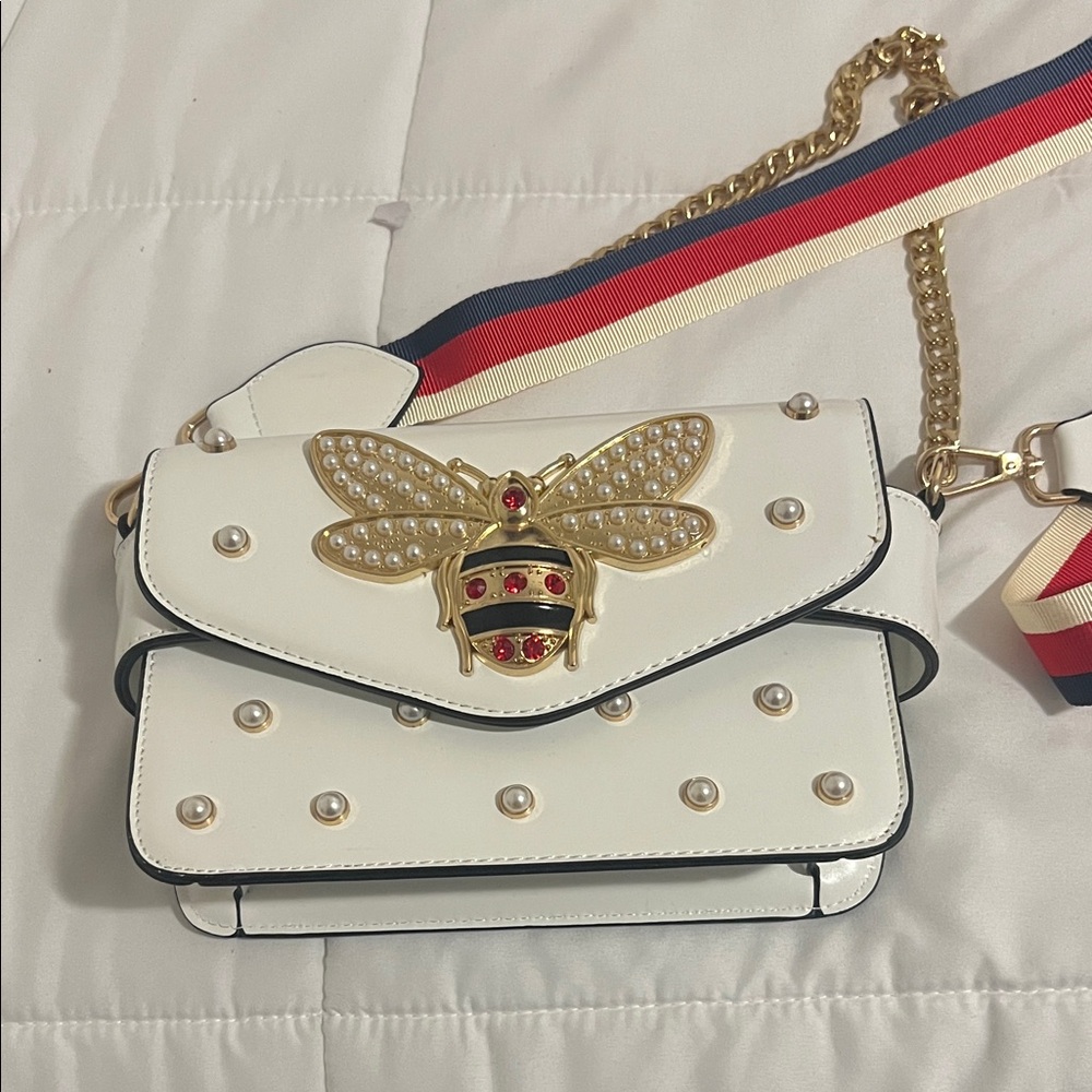 White Pearl-Accent Crossbody Bag with Gold Bee Detail